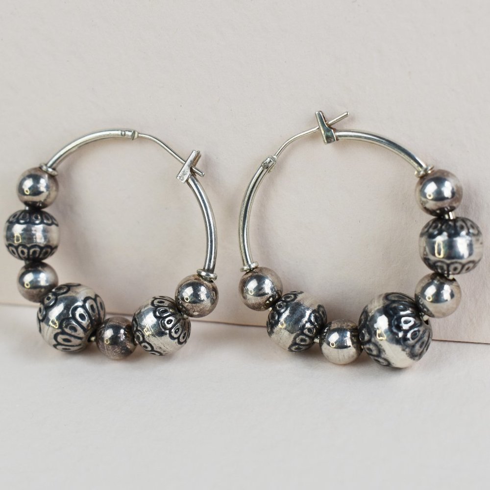 Large bead hoop earrings 925 sterling silver, basic chunky hoops, boho jewelry - Picture 8 of 8